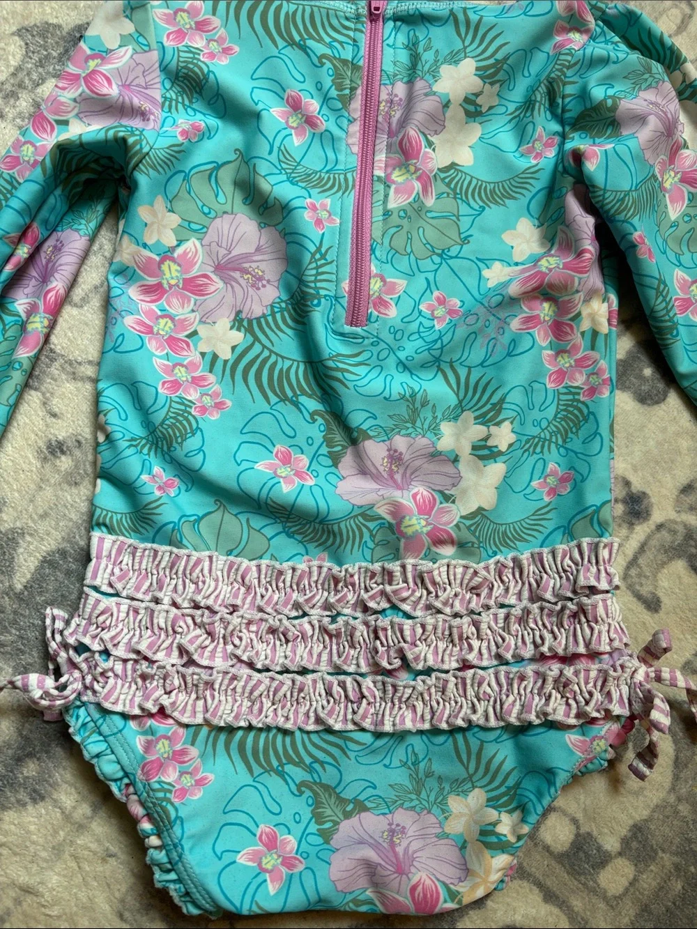 Ruffle Butts Teal Floral Long-Sleeve Rashguard One-Piece